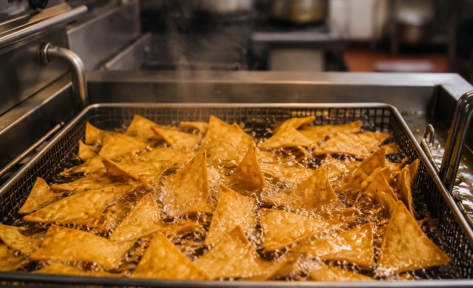 Triángulos de tortilla de maíz friéndose en aceite burbujeante hasta el dorado exacto